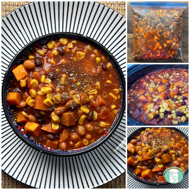 beans, corn, and sweet potatoes in a slow cooker and in a bowl