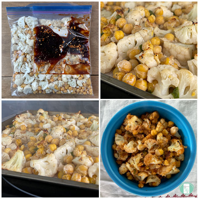 cooking cauliflower and chickpeas on a sheet pan and then serving in a bowl