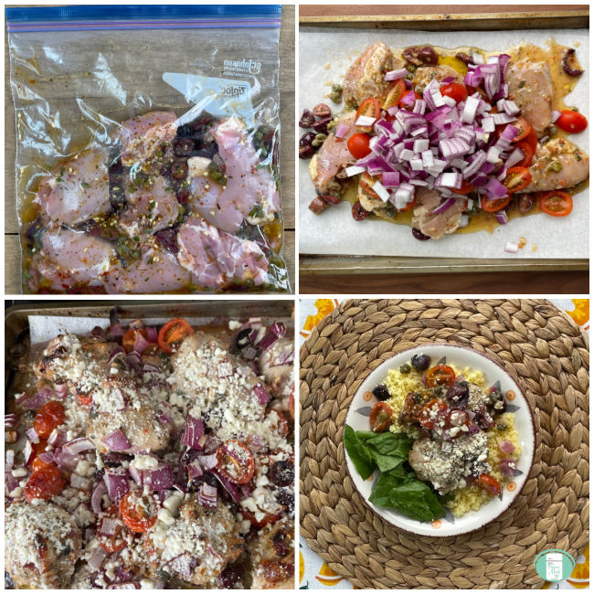 raw chicken in a bag, then on a baking sheet with purple onions and baby tomatoes, then cooked on the tray, then served on a plate with couscous and spinach