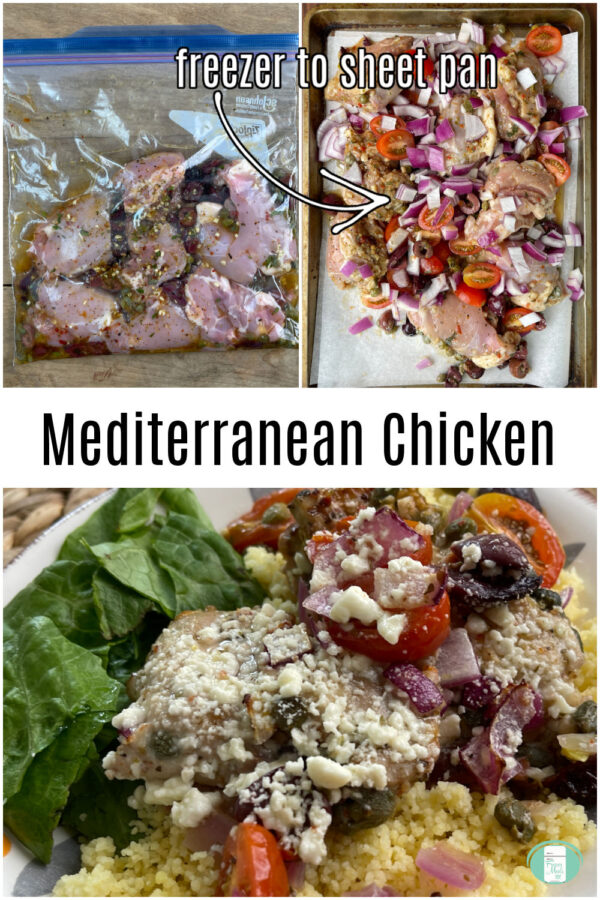 raw chicken in clear bag with seasonings, then on a baking sheet with tomatoes, olives, and purple onions, then cooked and served on top of couscous and next to spinach on a plate