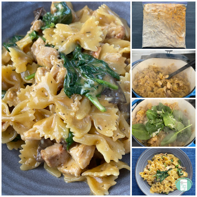 bowtie pasta, spinach, chicken in a bowl and in the other photos, the meal in a clear bag, in a pot being stirred without the spinach, and adding the spinach