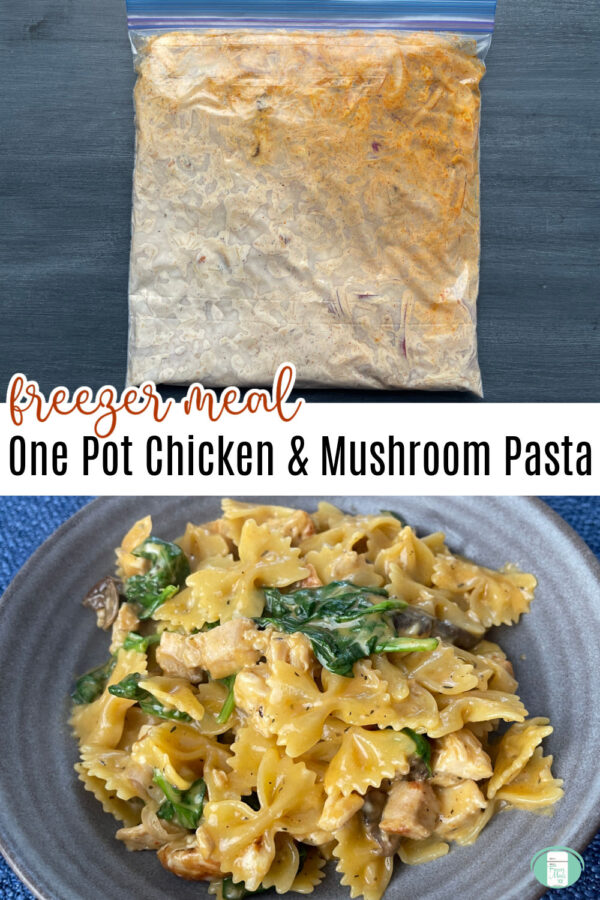 clear bag with sauce in one photo and a plate of bowtie pasta, chicken, spinach, and mushrooms on a blue plate