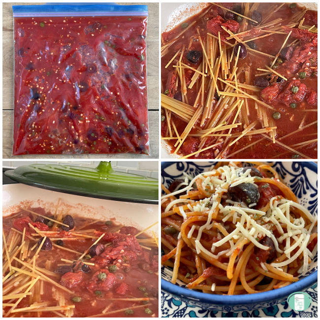 bag of sauce, raw spaghetti noodles in sauce in skillet, and cooked spaghetti in red sauce topped with cheese and black olives