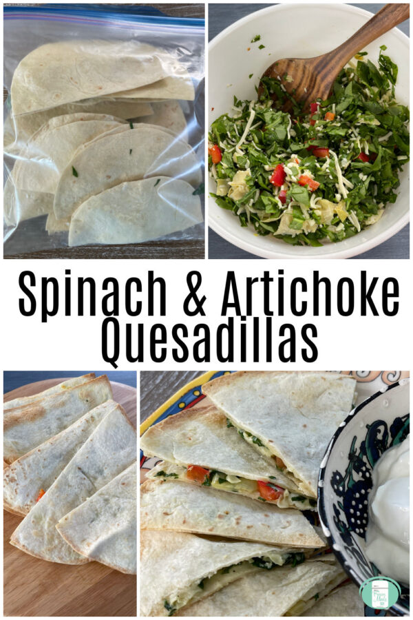 flour quesadillas next to a mixture of spinach, chopped artichoke, diced red peppers in a bowl with a wooden spoon