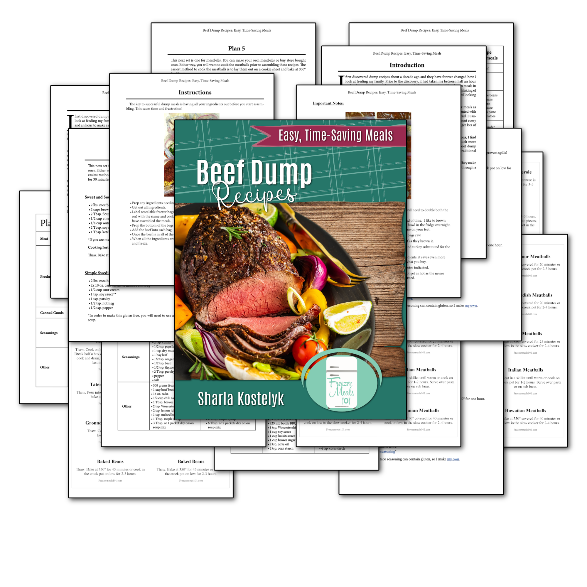 Beef Dump Hero 2 beef dump recipes cover with it contents arranged behind it in a hero image
