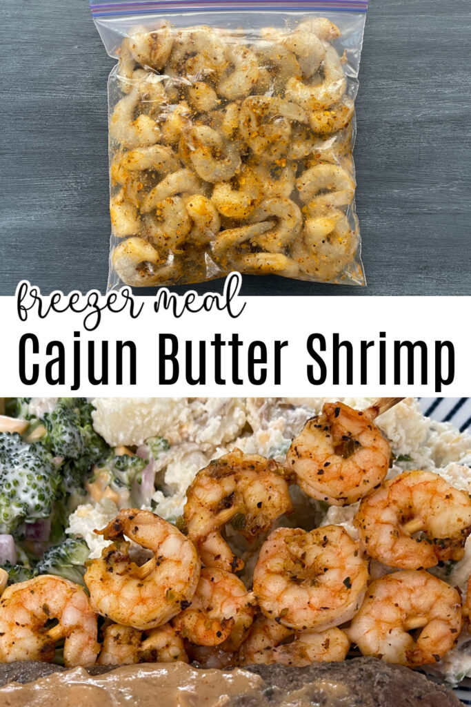 top photo is seasoned raw shrimp in a clear bag. bottom photo is cooked shrimp on skewers on a plate with potato salad, broccoli salad, and steak