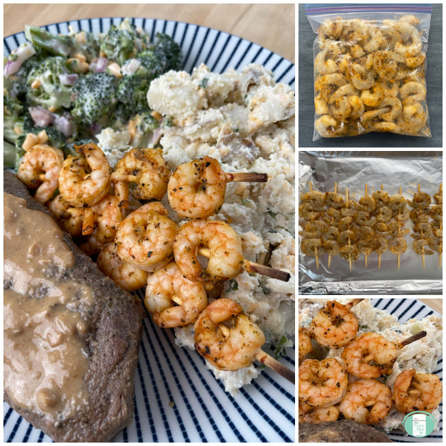 collage of photos. In one, raw seasoned shrimp are in a clear bag, then the raw shrimp are on skewers, then they are cooked and on a plate with steak, potato salad, and broccoli salad