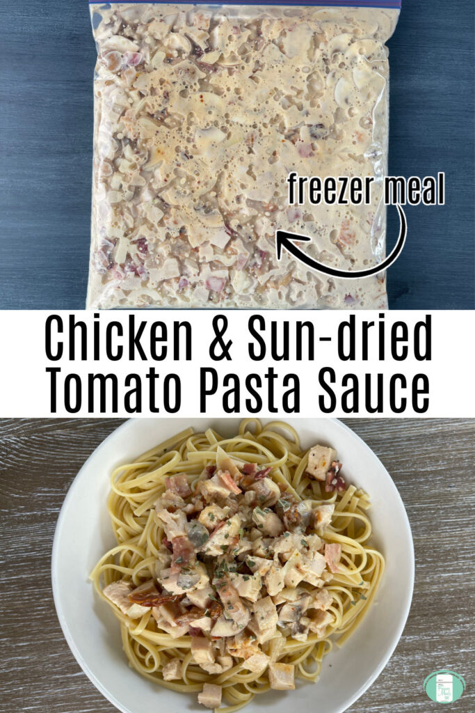 clear bag with white sauce and small chunks of chicken and vegetables in one photo and linguine on a plate topped with a chicken and sun dried tomato sauce