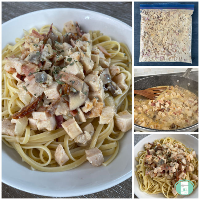 collage of photos - one with linguine topped with chicken and sun dried tomatoes, one with the chicken and sauce in a clear bag, one with the sauce in a skillet, and another with the plate of linguine topped with the sauce