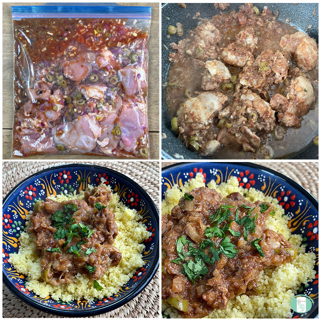 process of moroccan chicken going from freezer bag to baking dish to being served on top of couscous on a plate