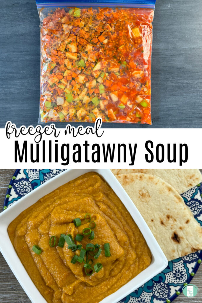 Top half: ingredients for mulligatawny soup in a freezer bag. Bottom half: finished soup in a bowl with flatbread. Image says Freezer Meal Mulligatawny Soup.