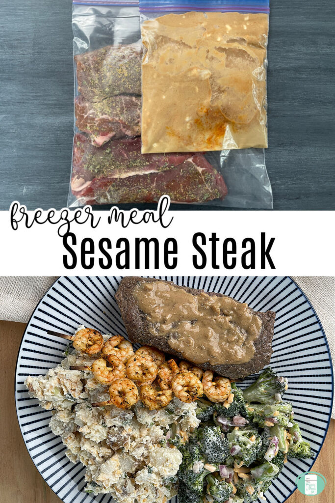 Sesame Steak freezer meal is shown in freezer bags, and after it is cooked, it is shown served on a plate with potato salad and broccoli salad.