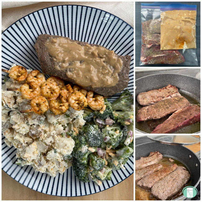 All the steps of creating, cooking, and serving Sesame Steak are shown in a collage image.