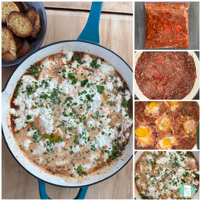 collage of photos showing the process of making shakshuka starting with the red sauce in a skillet, then adding eggs and topping with feta cheese