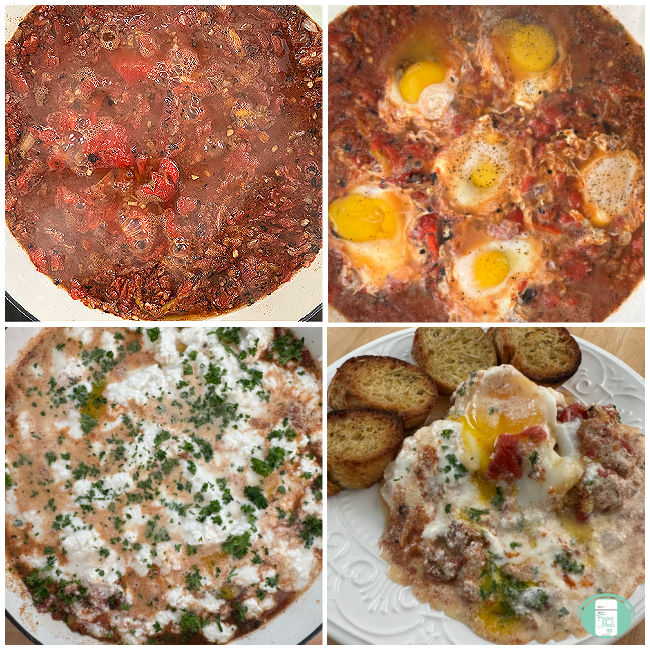 collage of photos showing red sauce cooking in skillet, then eggs in the sauce, then feta cheese on top, then the sauce on a plate with crostinis