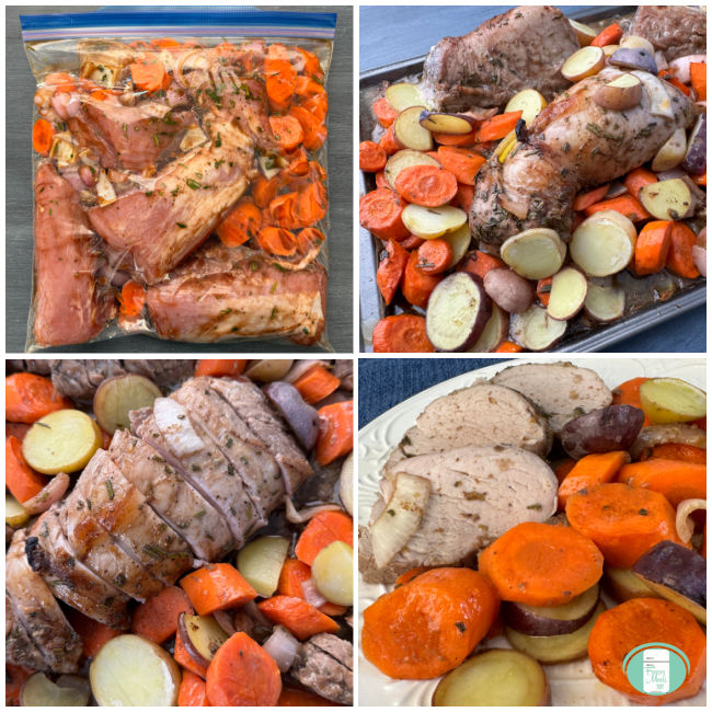 Four squares of the image show the entire process to make a pork tenderloin sheet pan freezer meal step-by-step starting with the ingredients in a clear bag, then on a baking sheet, then served on a plate