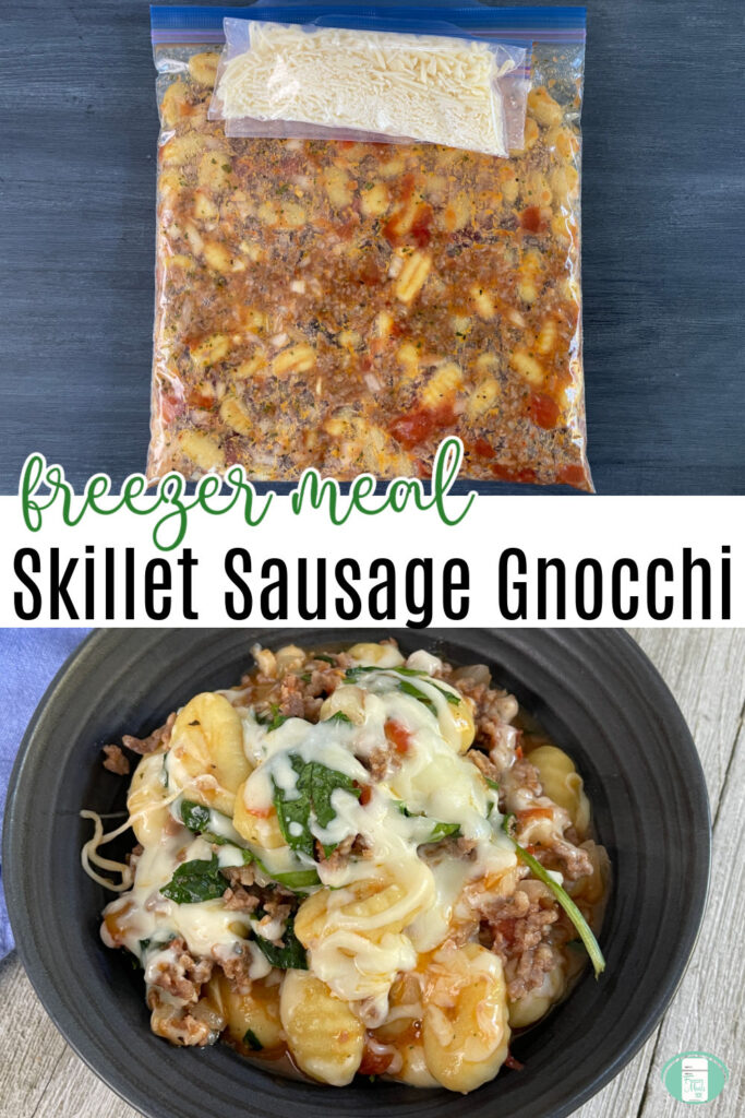 Ingredients for Gnocchi Sausage Skillet in a freezer quality bag and is also shown cooked and served on a plate topped with melted cheese and spinach.