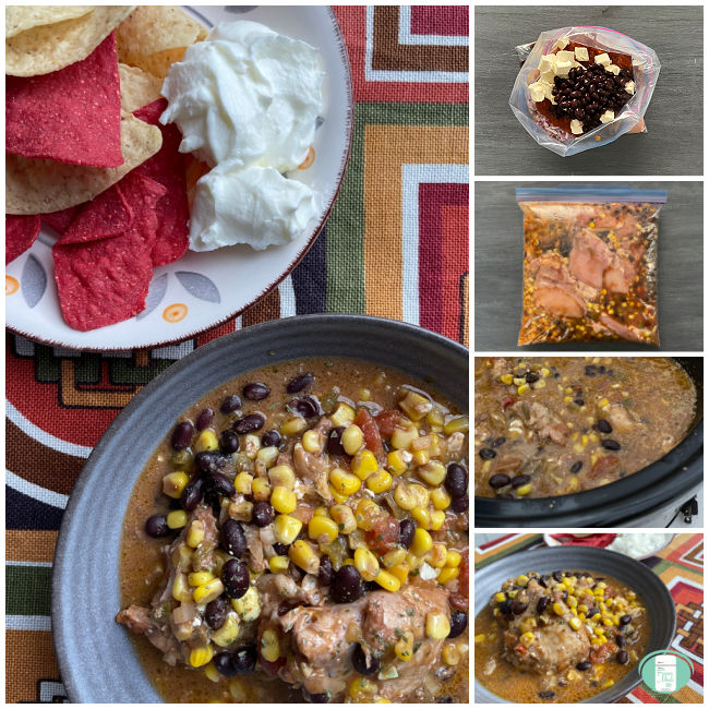 A collage of photos, the large being a photo of the finished dish served in a large black bowl with a plate of festive taco chips and sour cream. The other photos are of the meal during assembly, with the bag open and ingredients shown in the bag, the finished bag, sealed and laying flat on the counter, a closeup of the meal in the crock pot and the meal served in the black bowl from a different angle.