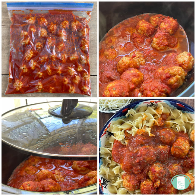 meatballs in red sauce in a clear bag, then in a slow cooker, then served on cooked egg noodles