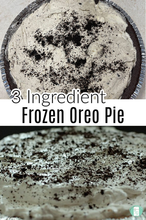 white ice cream in a chocolate pie crust in a foil pie plate sprinkled with chocolate crumbs