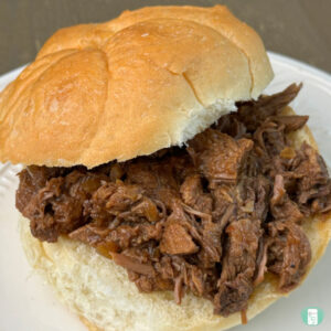 bun filled with shredded beef on a white plate