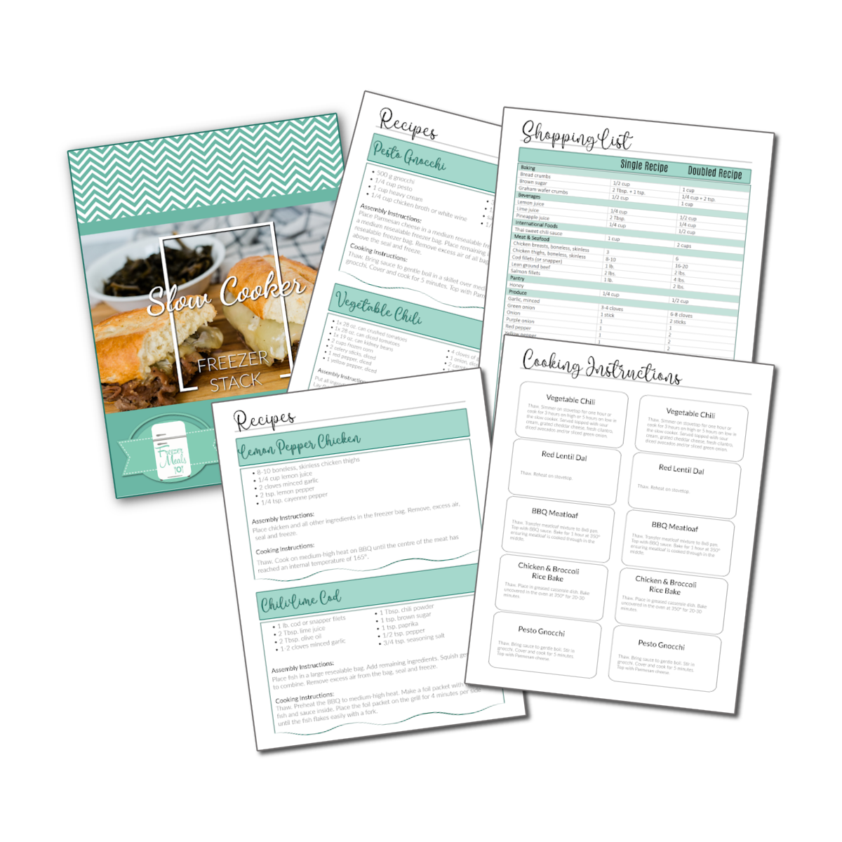 stack hero a scattering of pages that include a cover page, recipe pages, shopping list and printable labels