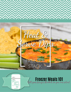 Cover page for PDF: Heat and Serve Dips Freezer Stack by Freezer Meals 101 Cover page features photo of Buffalo Chicken Dip served with chips and celery sticks