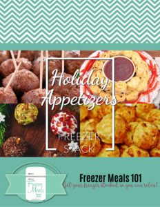 PDF Cover Page: Holiday Appetizers Freezer Stack by Freezer Meals 101 Pictured four different appetizers on the cover page: meatballs, pinwheels, cheese balls and gougeres.
