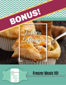 Cover page of PDF: BONUS!! Turkey Leftovers Freezer Stack by Freezer Meals 101 Pictured in the cover is a mini turkey pot pie