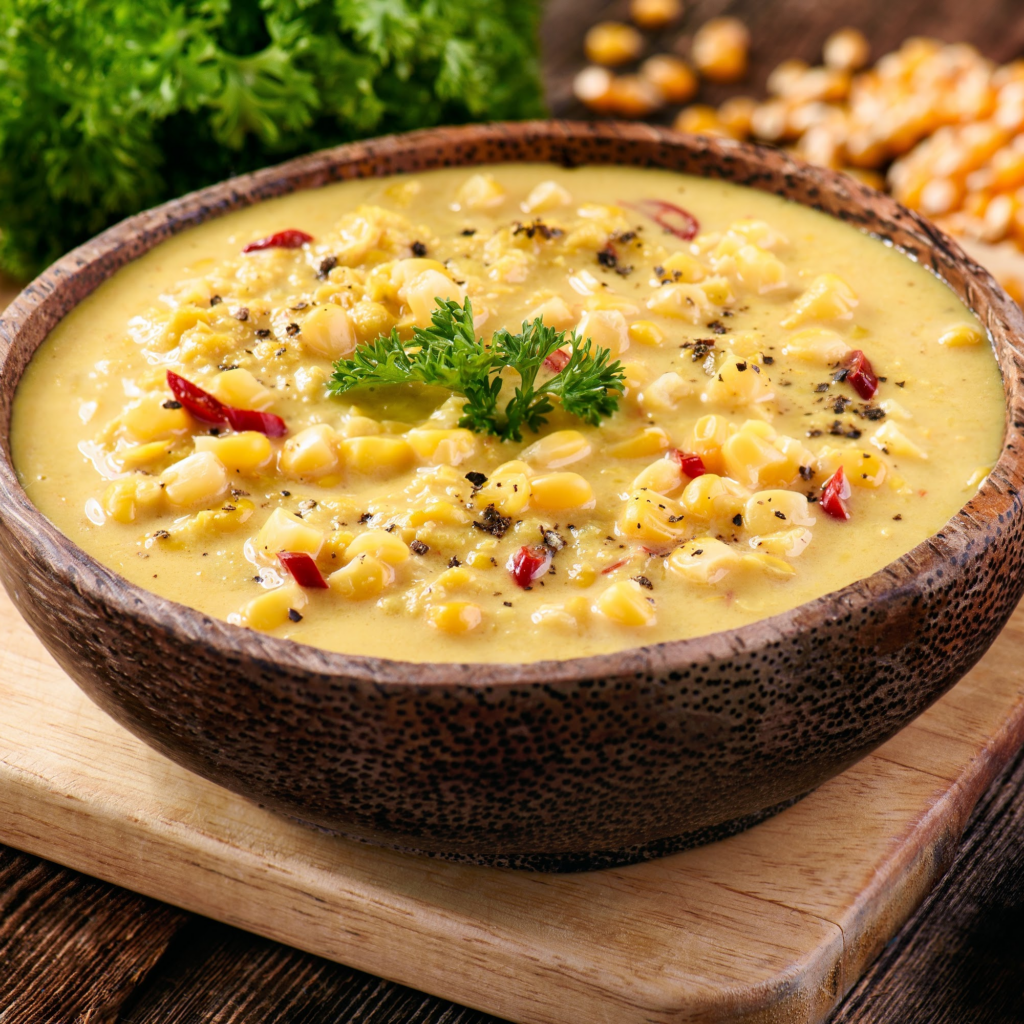 Homemade Creamed Corn in a bowl, garnished with parsley
