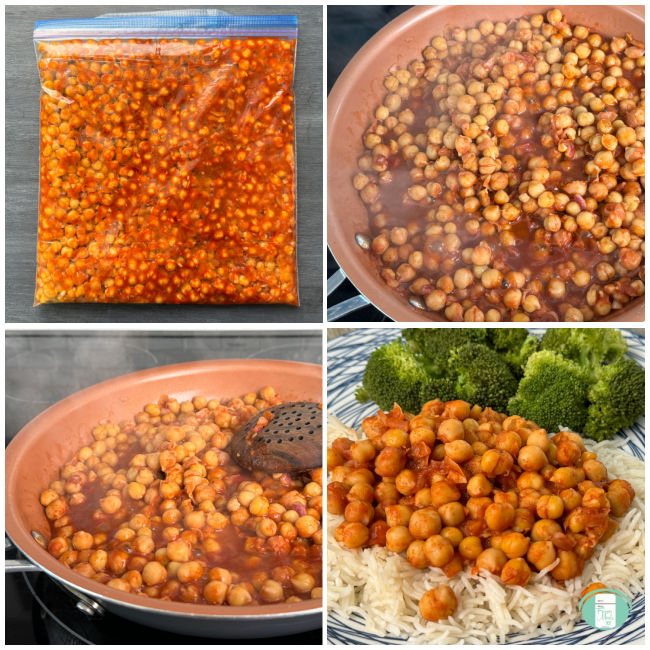 Collage image with four smaller squares showing all of the ingredients in a freezer bag, all of the ingredients cooking in the skillet, in the skillet close-up and Buffalo Chickpeas served on a plate over rice with broccoli on the side.