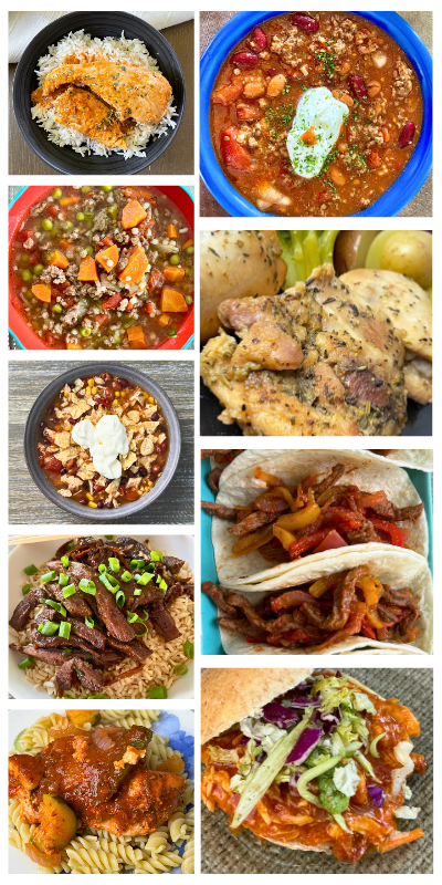 Photos of meals featured in the cookbooks, clockwise from top left: Sticky chicken, chili, lemon mustard chicken, beef fajitas, BBQ shredded chicken, Easy Chicken Cacciatore, Monglian beef, chicken taco soup, hamburger soup