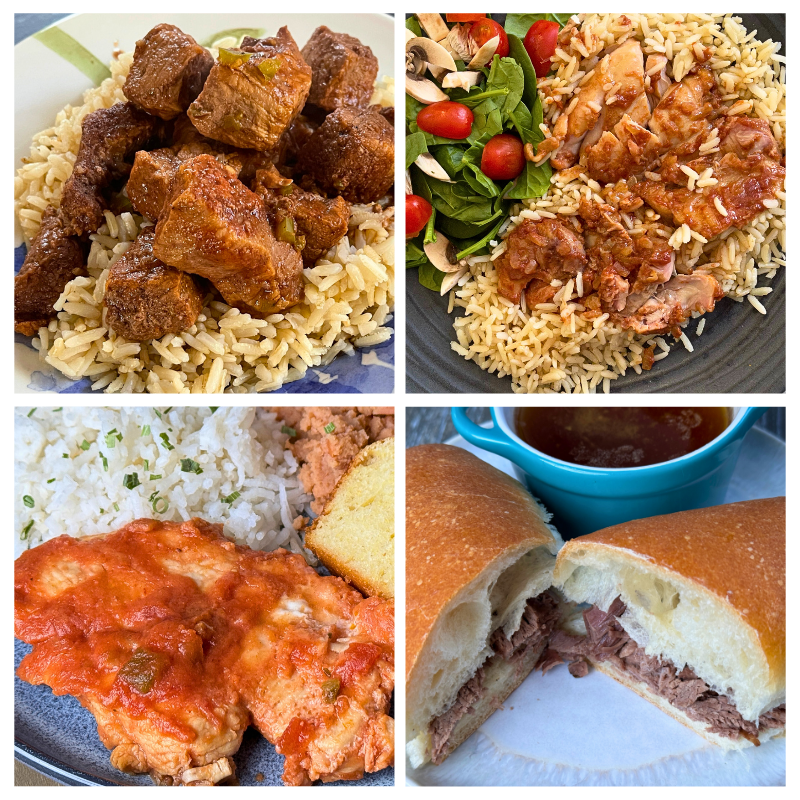 Prepared meals shown, clockwise from top left: Carne Guisada, Chicken Hurry, Beef Dip and Salsa Chicken