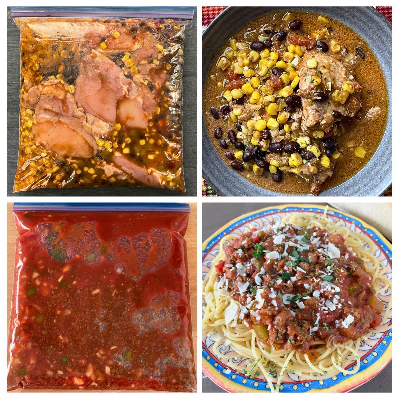 Freezer bags full with the meal, beside the prepared version. Top: Tex Mex Chicken Bottom: Spaghetti Sauce.