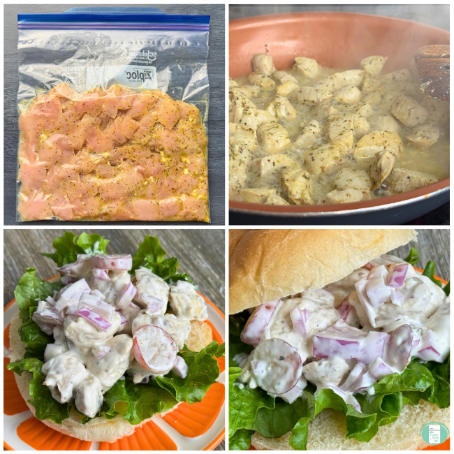 Collage image has four equal squares. The first square has all of the ingredients for Lemon Pepper Chicken Bites in a freezer quality bag. The second image shows the chicken in a skillet. The third and fourth images show the lemon pepper chicken bites sandwich close up from different perspectives.