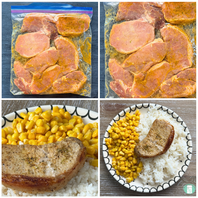 Collage has four equal square images in one. The top left shows a distant view of all the meats marinating in a bag. The second image shows a close-up of the meat as it marinates. The third image shows the meat on a plate, close-up. The last image is a more distant view of the plate. 