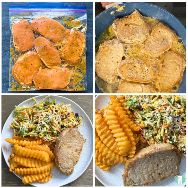 A collage image of four equal squares shows the pork marinating, the pork cooking in a skillet, and two different images of the plated steakhouse marinade pork chops with fries and slaw.
