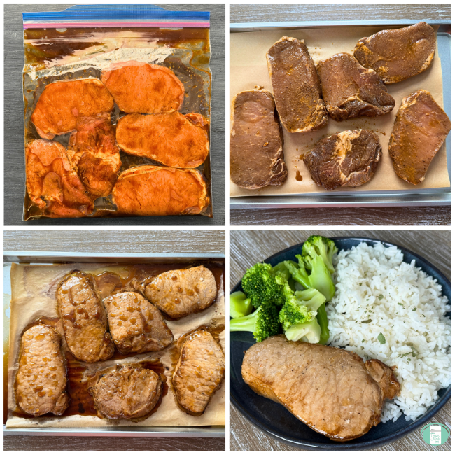 Square collage image with four squares. One shows the bag with all the marinade ingredients in it. One shows the marinated, uncooked pork on a sheet pan, one shows the cooked pork on a sheet pan, and the last image is the finished dish on a black plate with rice and broccoli.