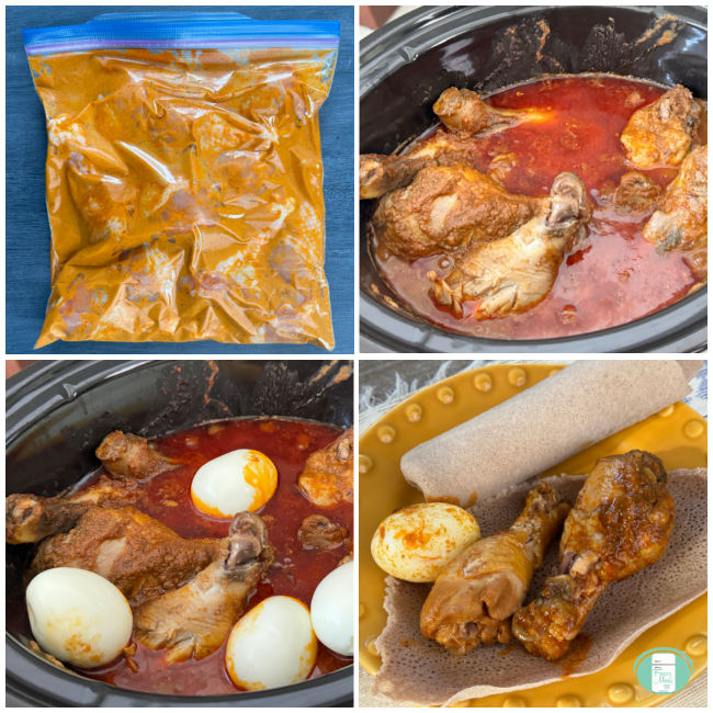 A square image is a collage of four smaller squares, including the freezer-quality bag ready to go, the crockpot after the chicken is cooked, the crockpot after the eggs are added, and a close-up of the finished dish on a yellow plate with injera bread.