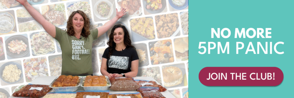 two women with a counter full of freezer meals in front of them and a faded collage of dinner photos behind them