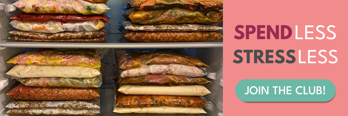 freezer shelves stacked with bagged freezer meals