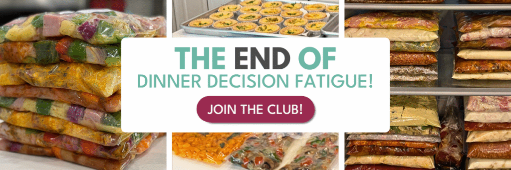 a stack of 8 bags of freezer meals, a tray of tarts, and freezer shelves stacked with freezer meals