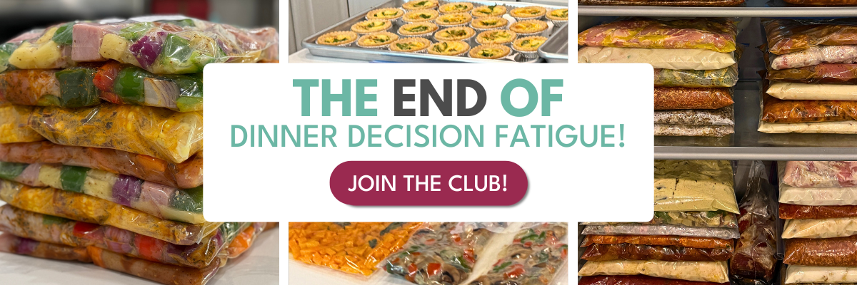 a stack of 8 bags of freezer meals, a tray of tarts, and freezer shelves stacked with freezer meals