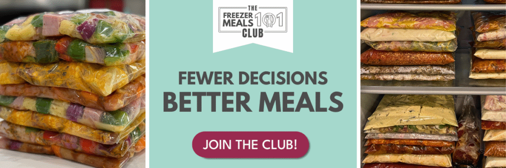 a stack of 8 freezer meals in bags on one side and freezer shelves stacked with freezer meals on the other side