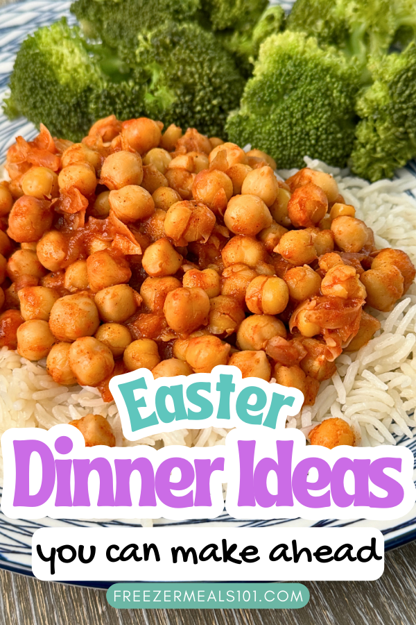 chickpeas on a bed of rice next to broccoli