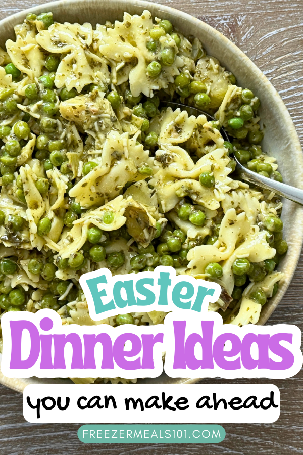 bowtie pasta with pesto, artichoke, and peas in a bowl