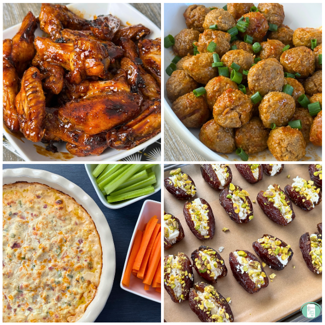 collage of chicken wings, meatballs, dip with carrot and celery sticks, and stuffed dates