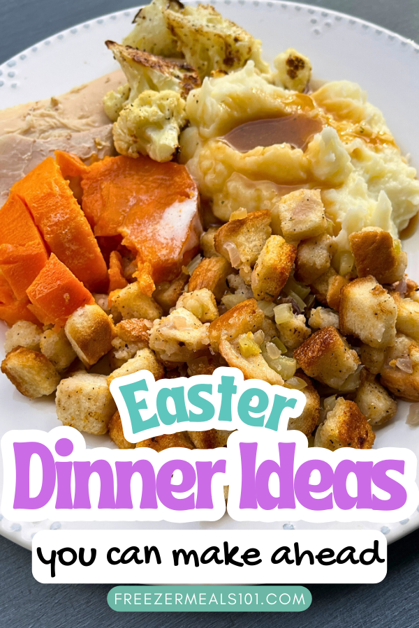 mashed potatoes topped with gravy next to turkey, sweet potatoes, and stuffing