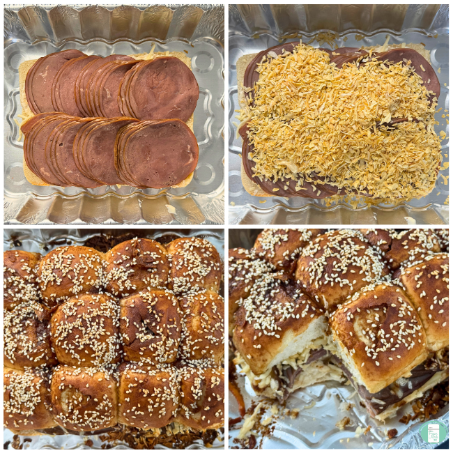 photo collage of beef slider prep - aluminum tray with roast beef, roast beef with cheese, sesame buns and cooked beef sliders