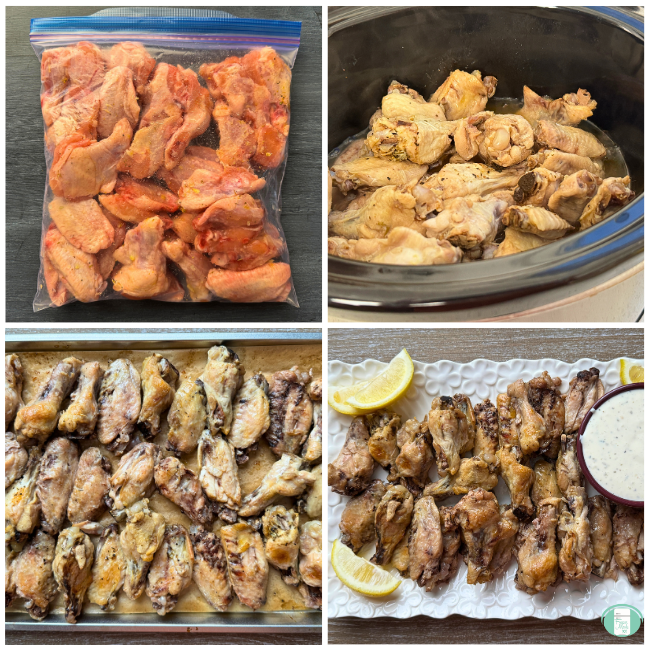 collage photo of chicken wings and drumsticks in freezer bag, chicken cooking in slow cooker, baked chicken on baking sheet, cooked chicken on white tray with lemon wedges.